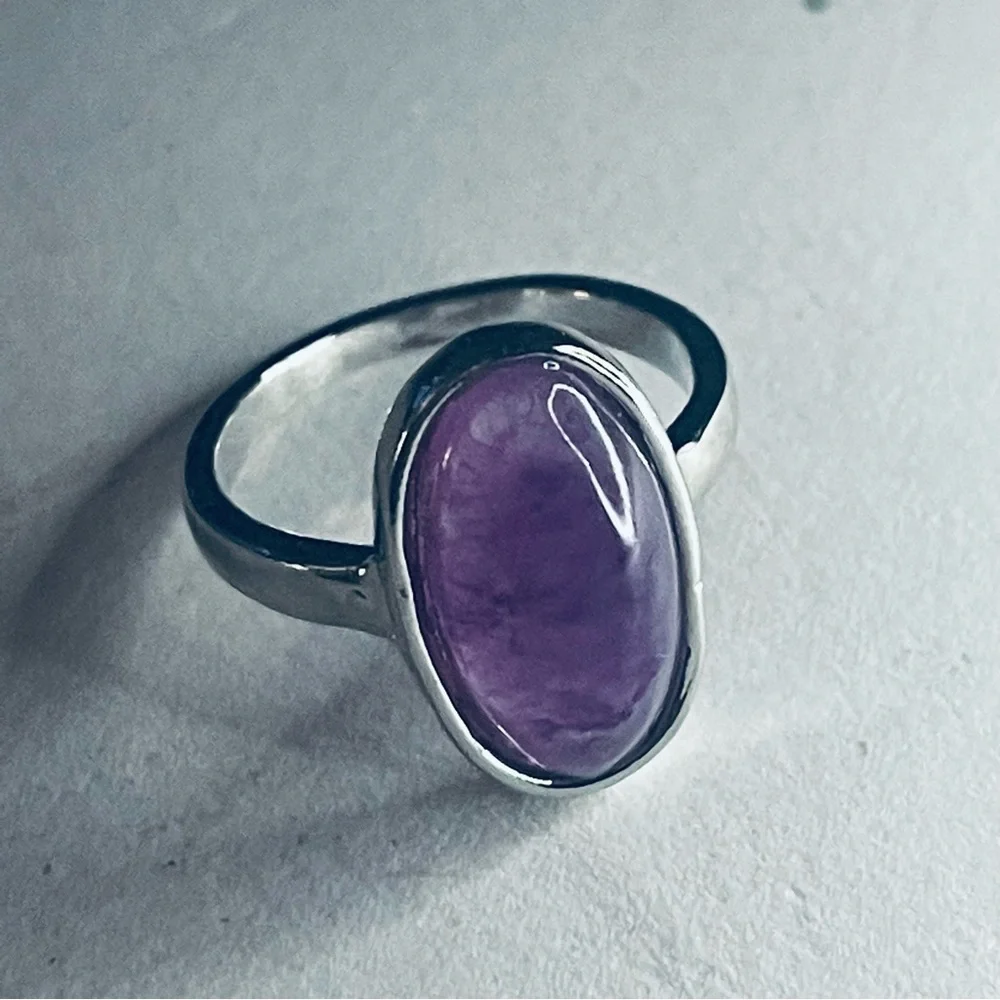 New Sterling Silver Long Oval Purple Amethyst Oblong Artisan Handmade Ring